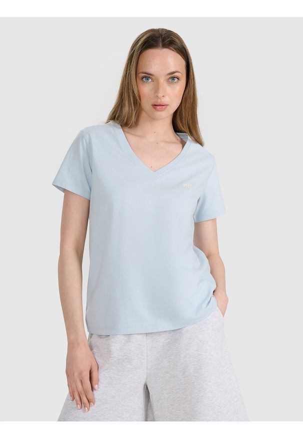 4f - 4F T-shirt oversize gładki damski - niebieski XXL. Okazja: na co dzień. Typ kołnierza: dekolt w serek. Kolor: niebieski. Materiał: bawełna, jersey, dzianina, tkanina. Długość rękawa: krótki rękaw. Długość: krótkie. Wzór: gładki. Styl: sportowy, klasyczny, casual