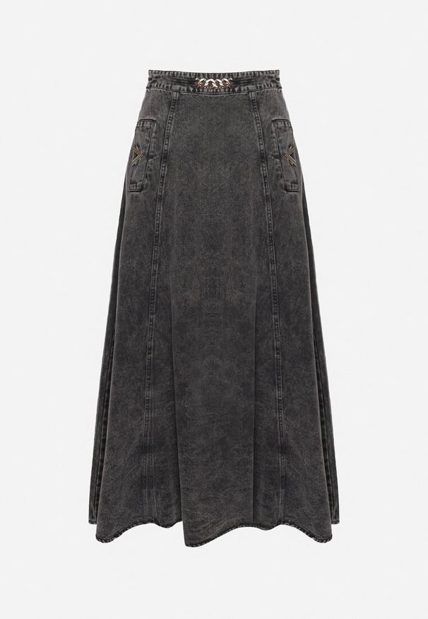 Born2be - Czarna Bawełniana Spódnica Jeansowa Maxi Rozkloszowana z Łańcuszkiem Zallire. Kolor: czarny. Materiał: bawełna, jeans. Styl: boho