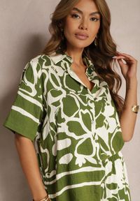 Renee - Zielono-Beżowy Letni Komplet Luźna Koszula z Krótkim Rękawem Szerokie Spodnie z Gumką w Talii Vikiimina. Kolor: zielony. Materiał: materiał, tkanina. Wzór: aplikacja #5