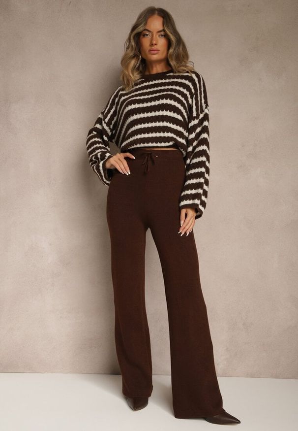 Renee - Brązowe Dzianinowe Spodnie Wide Leg z Ociepleniem Miosea. Okazja: do domu, na spacer, na co dzień. Kolor: brązowy. Materiał: dzianina. Styl: casual, elegancki