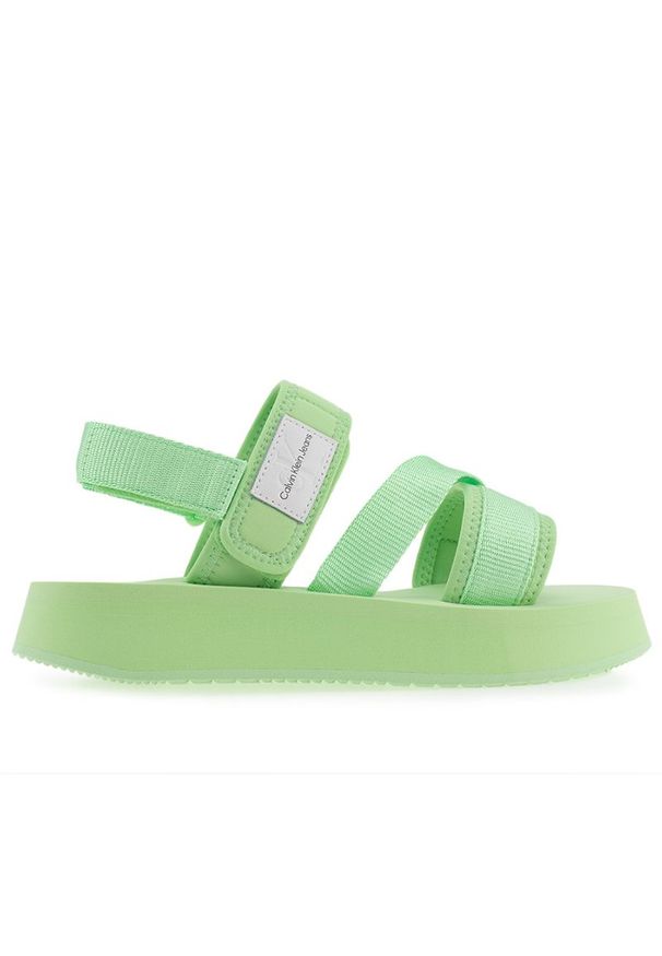 Sandały Calvin Klein Prefresato Sandal Badge YW0YW00967-0H9 - zielone. Zapięcie: rzepy. Kolor: zielony. Materiał: materiał. Szerokość cholewki: normalna. Wzór: paski. Sezon: lato. Obcas: na platformie