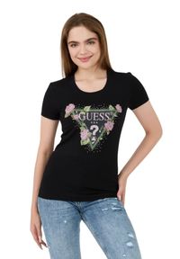 Guess - GUESS Czarny t-shirt Floral Triangle Tee. Kolor: czarny