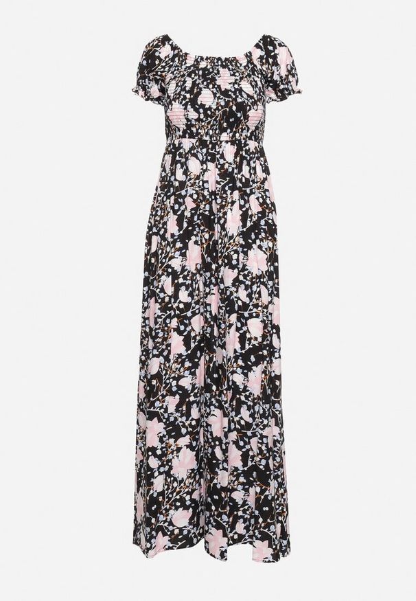 Born2be - Czarno-Biała Rozkloszowana Sukienka w Kwiaty z Marszczonym Dekoltem Disteria. Okazja: na co dzień. Kolor: czarny. Materiał: jeans. Wzór: kwiaty. Sezon: wiosna, lato. Styl: casual, elegancki, vintage