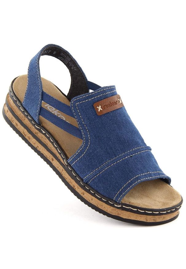 Komfortowe sandały damskie na platformie jeansowe Rieker 62982-12 niebieskie. Kolor: niebieski. Materiał: jeans. Obcas: na platformie