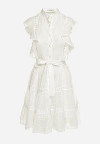 Born2be - Biała Koszulowa Sukienka Mini z Falbankami i Wiązanym Paskiem Divertire. Typ kołnierza: kołnierz z falbankami. Kolor: biały. Materiał: tkanina, materiał. Typ sukienki: koszulowe. Długość: mini #5