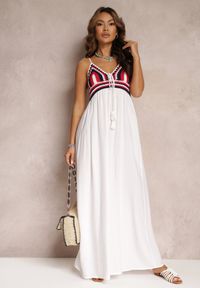 Renee - Biała Bawełniana Sukienka Maxi z Szydełkową Górą i Gumkami na Plecach Jennesia. Kolor: biały. Materiał: bawełna. Długość rękawa: na ramiączkach. Sezon: lato, wiosna. Długość: maxi