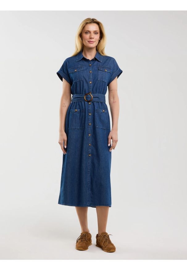 Big-Star - Sukienka damska midi jeansowa z paskiem granatowa Bailey 361. Okazja: na co dzień. Kolor: niebieski. Materiał: jeans. Styl: casual. Długość: midi