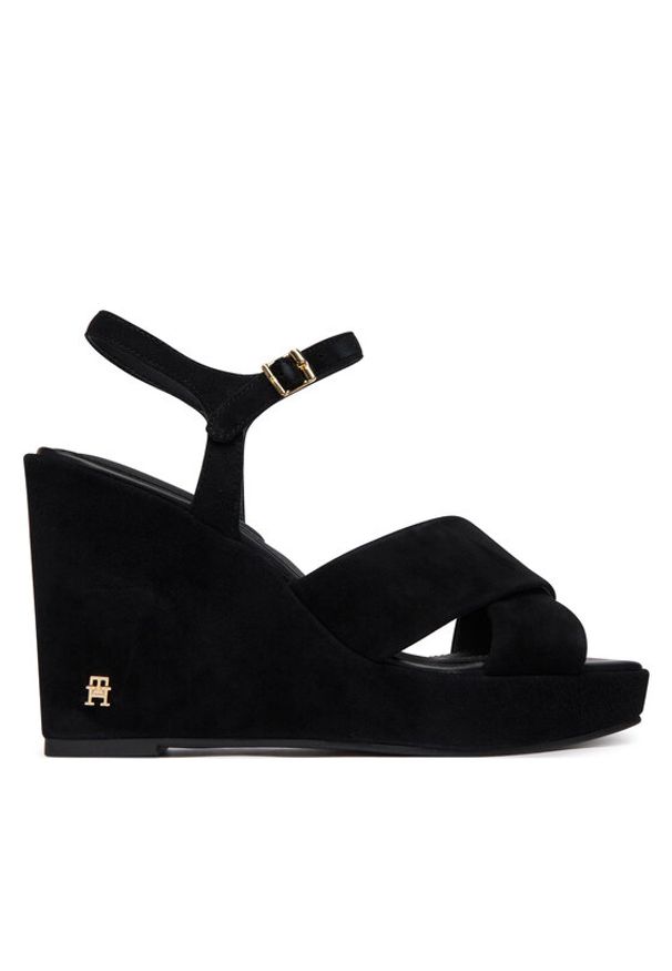 TOMMY HILFIGER - Tommy Hilfiger Sandały Suede Wrapped High Wedge FW0FW09218 Czarny. Kolor: czarny. Materiał: zamsz, skóra