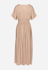 Born2be - Beżowa Wiskozowa Sukienka z Metaliczną Nicią i Haftem Nelvesia. Okazja: na co dzień. Kolor: beżowy. Materiał: wiskoza. Wzór: haft. Sezon: wiosna. Styl: casual, elegancki, klasyczny #4