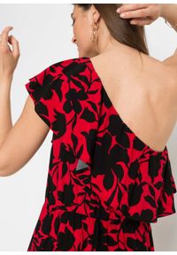 Sukienka one-shoulder bonprix czerwono-czarny z roślinnym nadrukiem. Kolor: czerwony. Wzór: nadruk. Sezon: lato #5