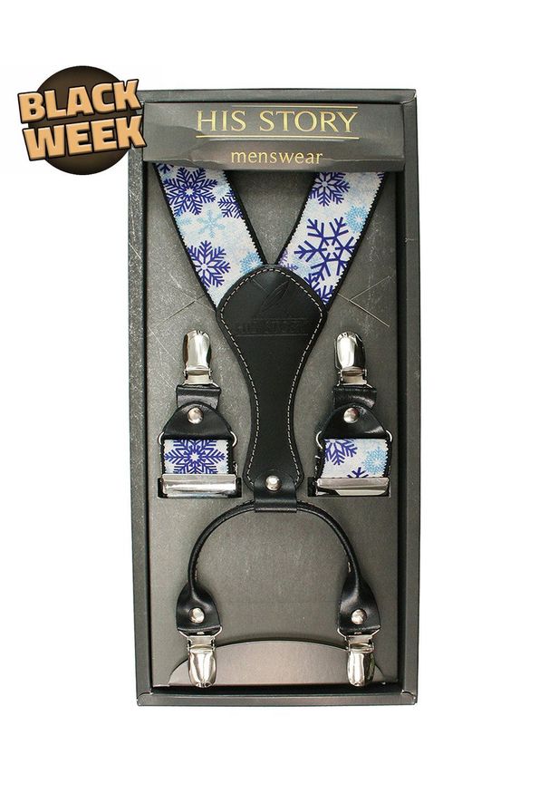 His Story - Szelki Szerokie Białe w Śnieżynki, Płatki Śniegu, Świąteczne, Mikołajowe, Skóra Naturalna -HIS STORY. Kolor: niebieski. Materiał: skóra, guma