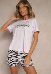 Renee - Fioletowy Komplet Piżamowy z Bawełny T-shirt i Szorty z Motywem Zebry Milaria. Kolor: fioletowy. Materiał: bawełna. Wzór: motyw zwierzęcy