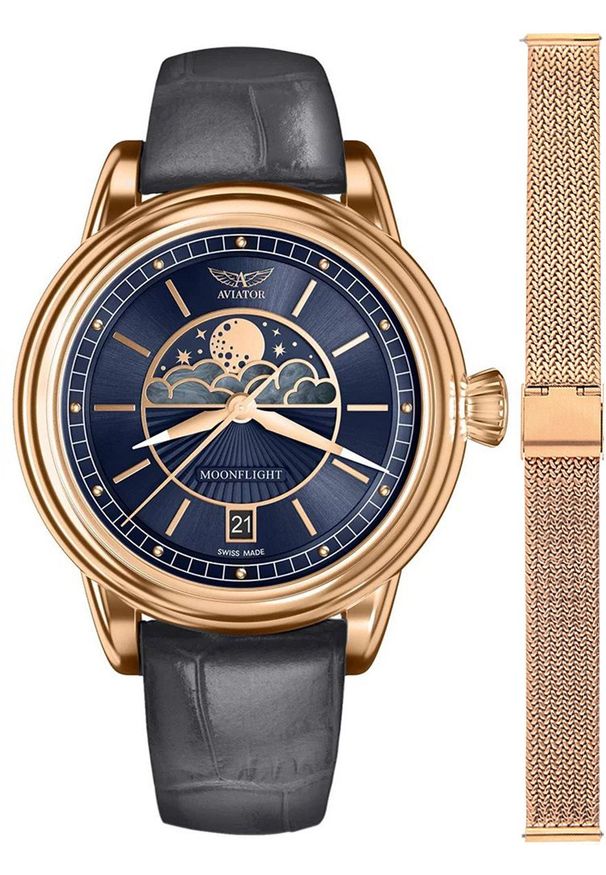 AVIATOR - Zegarek damski Aviator V.1.33.2.256.4GM-SET różowe złoto. Kolor: złoty, wielokolorowy, różowy