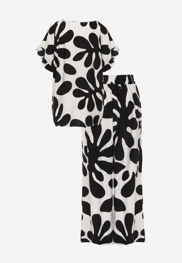 Born2be - Czarny Komplet z Wiskozy Bluzka z Falbankami i Szerokie Spodnie w Liście Thalla. Kolor: czarny. Materiał: wiskoza