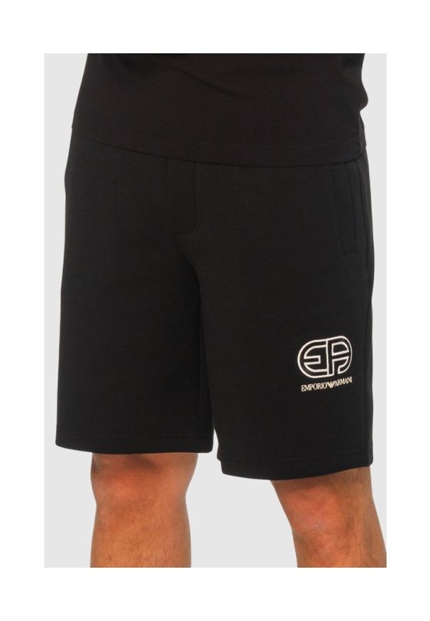 Emporio Armani - EMPORIO ARMANI Czarne męskie bawełniane szorty z wyszywanym logo, Rozmiar XL. Kolor: czarny. Materiał: bawełna