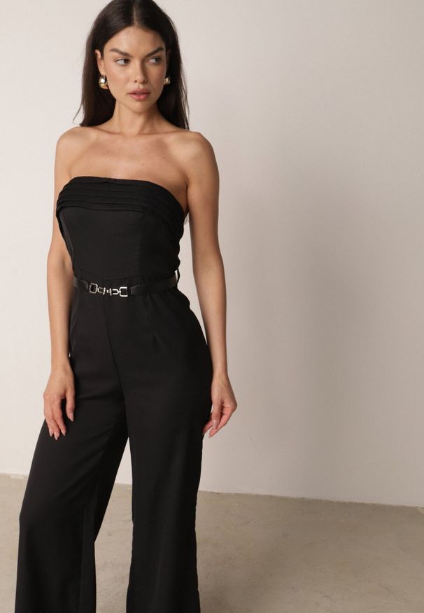 Born2be - Czarny Elegancki Kombinezon VICES Bez Rękawów z Falbankami i Paskiem Apethia. Okazja: na co dzień. Kolor: czarny. Materiał: materiał, tkanina. Długość rękawa: bez rękawów. Długość: długie. Wzór: gładki. Sezon: lato. Styl: elegancki