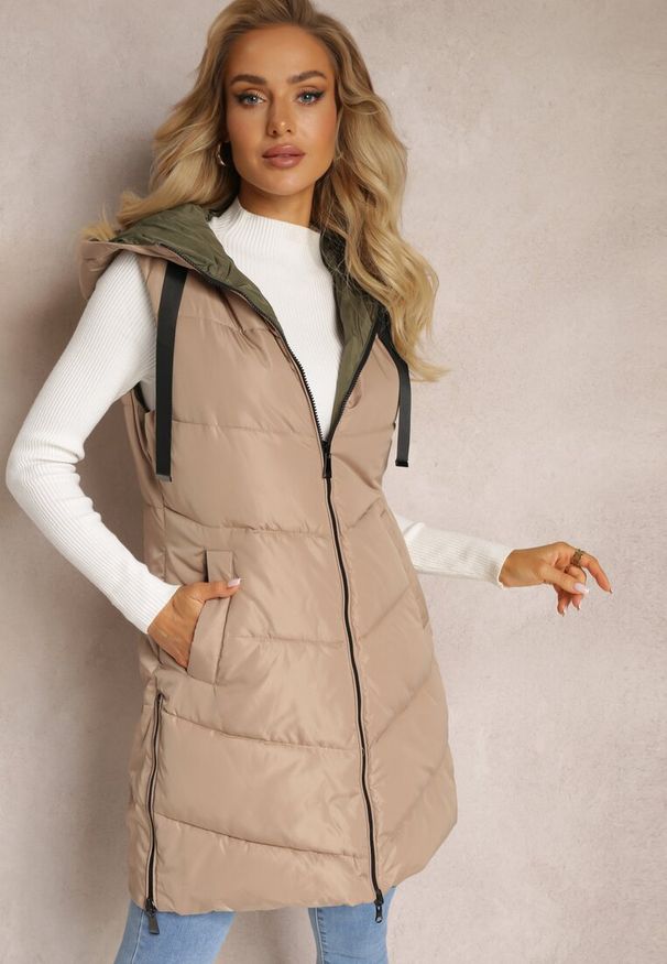 Renee - Beżowa Dwustronna Kamizelka Pikowana Miames. Okazja: na co dzień. Kolor: beżowy. Materiał: jeans, tkanina. Wzór: gładki. Sezon: zima, jesień. Styl: sportowy, casual