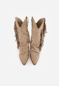 Renee - Ciemnobeżowe Botki Kowbojki na Słupku Ozdobione Frędzlami i Wywiniętą Cholewką Aedime. Okazja: na co dzień. Kolor: beżowy. Szerokość cholewki: normalna. Wzór: aplikacja. Obcas: na słupku. Styl: casual #3