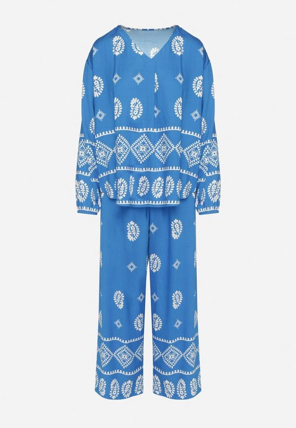 Born2be - Niebieski Komplet w Stylu Rustykalnym Luźna Bluzka i Spodnie z Wiskozą Emilaris. Kolor: niebieski. Materiał: wiskoza. Wzór: aplikacja