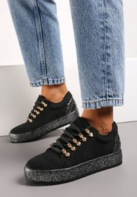 Born2be - Czarne Sneakersy Catkin. Nosek buta: okrągły. Zapięcie: sznurówki. Kolor: czarny. Materiał: jeans. Szerokość cholewki: normalna. Obcas: na platformie #4