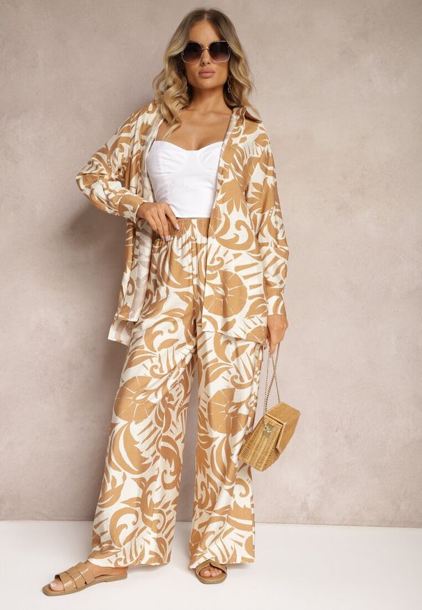 Renee - Beżowy 2-Częściowy Komplet z Wiskozy Koszula z Długim Rękawem i Szerokie Spodnie Yiseria. Kolor: beżowy. Materiał: wiskoza