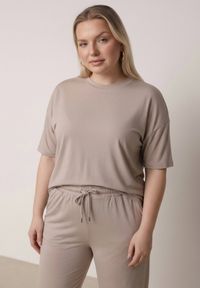 Born2be - Beżowy Komplet Bawełniany o Fasonie Oversize T-shirt i Spodnie Azilane. Kolor: beżowy. Materiał: bawełna #5