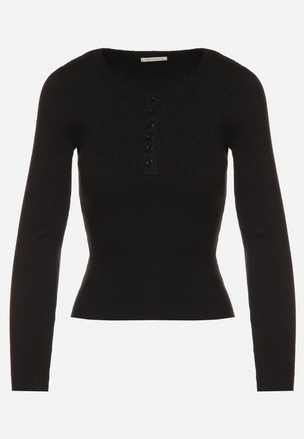 Born2be - Czarny Sweter z Wiskozą Zdobiony Metaliczną Nicią i Guzikami przy Dekolcie Lianola. Okazja: na co dzień. Kolor: czarny. Materiał: wiskoza. Wzór: aplikacja. Styl: casual