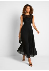 bonprix - Długa sukienka wieczorowa z koronką. Kolor: czarny. Materiał: koronka. Wzór: koronka. Styl: wizytowy. Długość: maxi