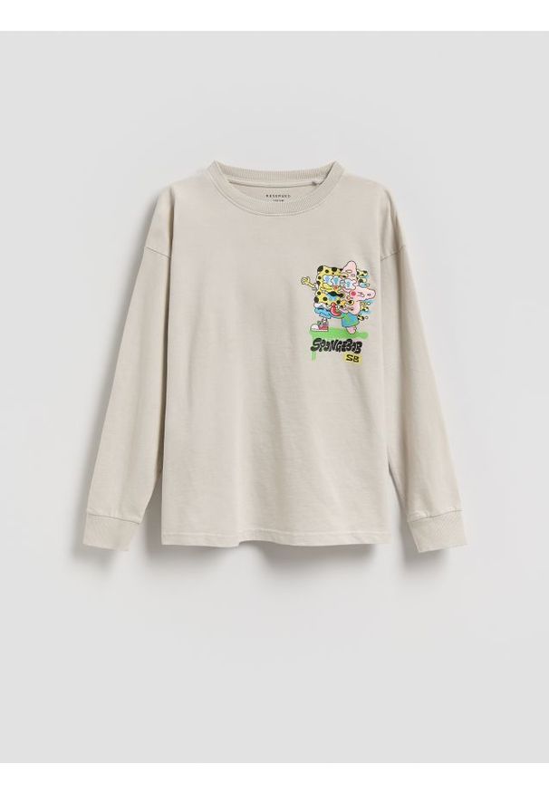 Reserved - Bawełniany longsleeve SpongeBob - jasnoszary. Kolor: szary. Materiał: bawełna. Długość rękawa: długi rękaw