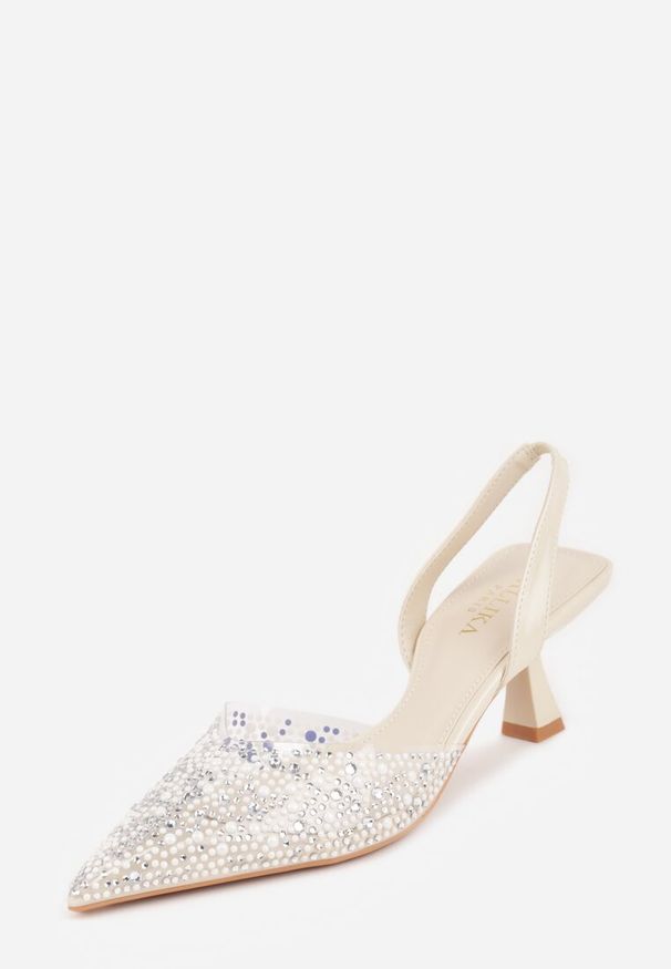 Renee - Beżowe Czółenka z Przezroczystą Cholewką Ozdobione Perełkami i Cyrkoniami Karenetia. Kolor: beżowy. Szerokość cholewki: normalna. Wzór: aplikacja. Styl: elegancki