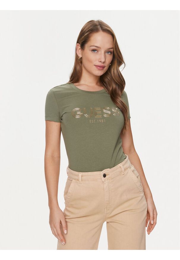 Guess T-Shirt Bold W4RI29 J1314 Zielony Slim Fit. Kolor: zielony. Materiał: bawełna