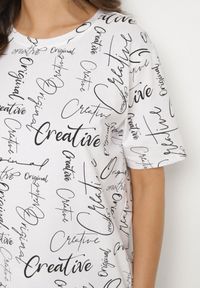 Born2be - Biały T-shirt Oversize z Bawełny Zdobiony Nadrukiem Sinelra. Okazja: na co dzień. Kolor: biały. Materiał: bawełna. Wzór: aplikacja, nadruk. Styl: klasyczny, elegancki, casual #5