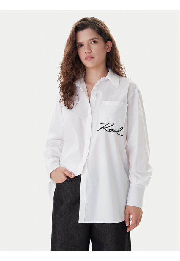 Karl Lagerfeld - KARL LAGERFELD Koszula B1W11013 Biały Relaxed Fit. Typ kołnierza: dekolt w karo. Kolor: biały. Materiał: bawełna