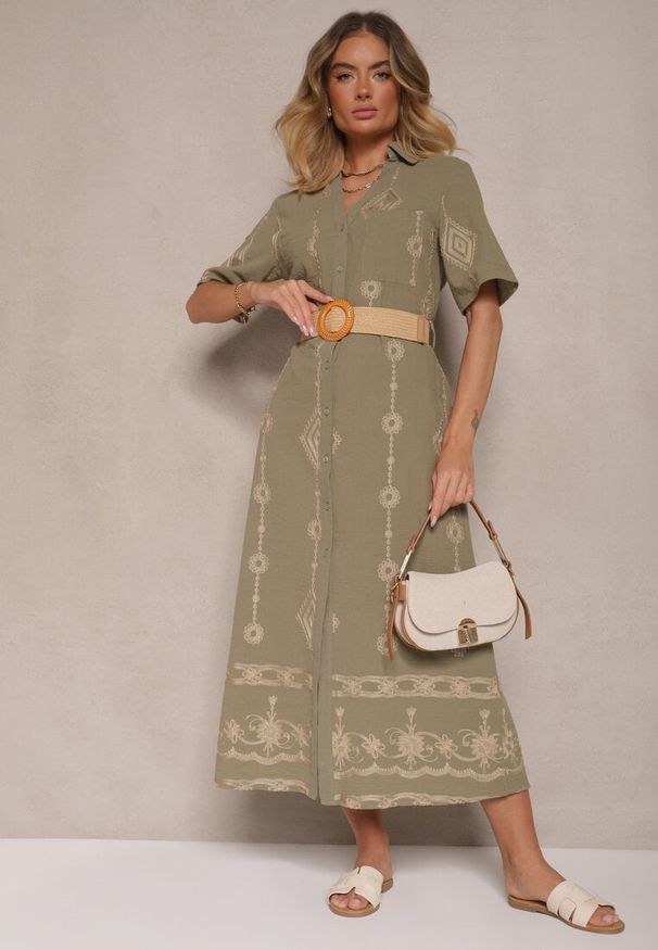 Renee - Ciemnozielona Koszulowa Sukienka z Bawełny z Plecionym Paskiem Sariene. Okazja: na co dzień. Kolor: zielony. Materiał: bawełna. Typ sukienki: koszulowe. Styl: boho, elegancki, casual