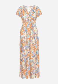 Born2be - Beżowo-Niebieska Sukienka z Wiskozy z Gumką w Pasie z Kopertowym Dekoltem i Falbanką Wondria. Kolor: beżowy. Materiał: wiskoza. Typ sukienki: kopertowe #5