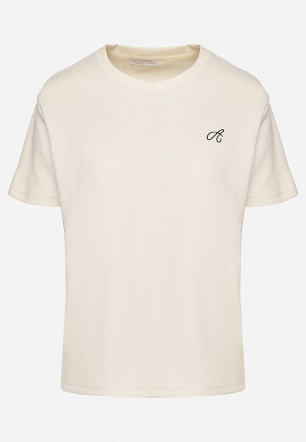 Born2be - Jasnobeżowy T-shirt o Klasycznym Kroju z Ozdobnym Haftem Galerrena. Okazja: na co dzień, na spotkanie biznesowe, do pracy. Kolor: beżowy. Materiał: jeans. Wzór: haft. Styl: klasyczny