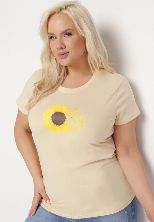 Born2be - Beżowy Bawełniany T-shirt z Nadrukiem na Przodzie Galamella. Kolor: beżowy. Materiał: bawełna. Wzór: nadruk