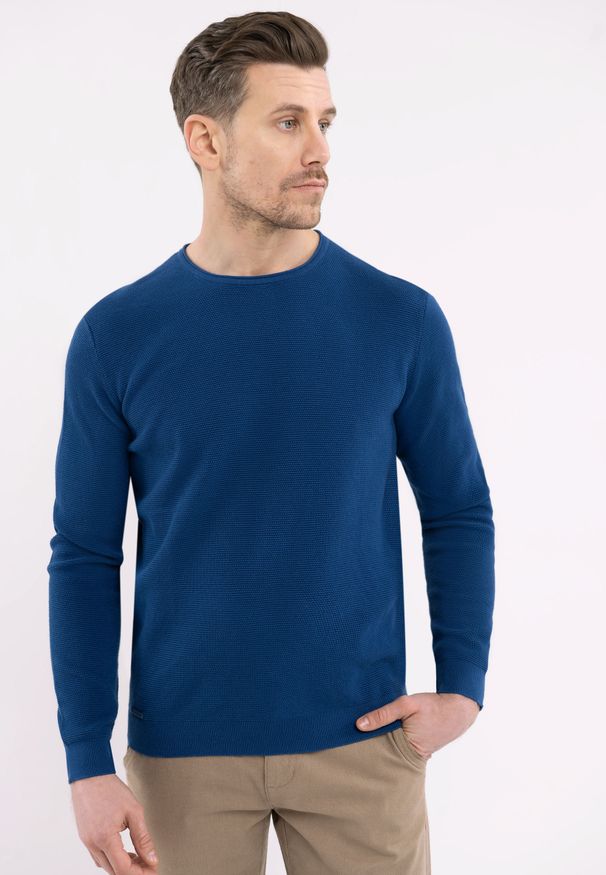 Volcano - Bawełniany sweter S-BRADY. Kolor: niebieski. Materiał: bawełna. Wzór: aplikacja. Styl: klasyczny