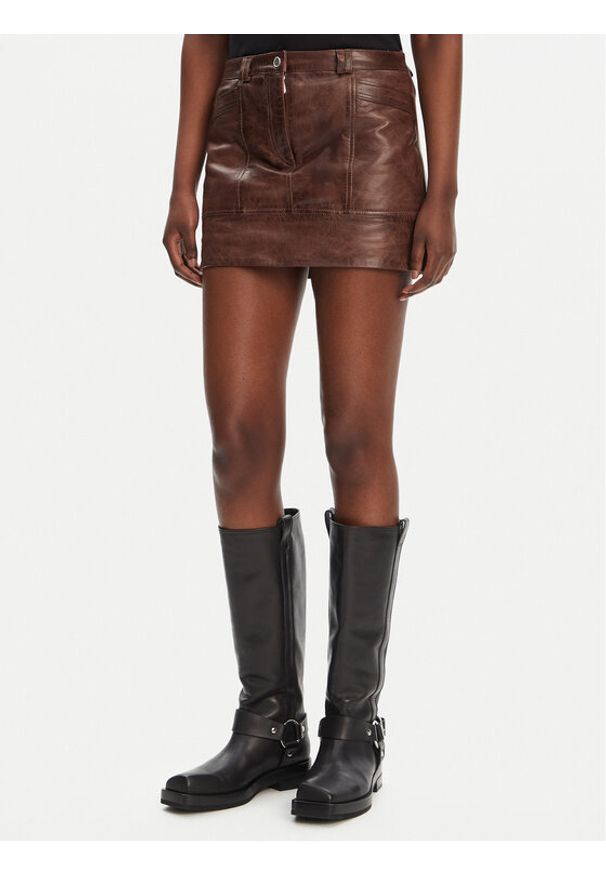 Pinko - PINKO Spódnica skórzana Geordie 104957 A2I1 Brązowy Slim Fit. Kolor: brązowy. Materiał: skóra