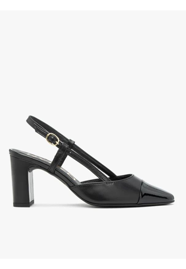 Ryłko - Czarne czółenka slingback bez pięty. Okazja: do pracy. Zapięcie: sprzączka. Kolor: czarny. Materiał: skóra. Obcas: na obcasie. Styl: street, elegancki. Wysokość obcasa: średni