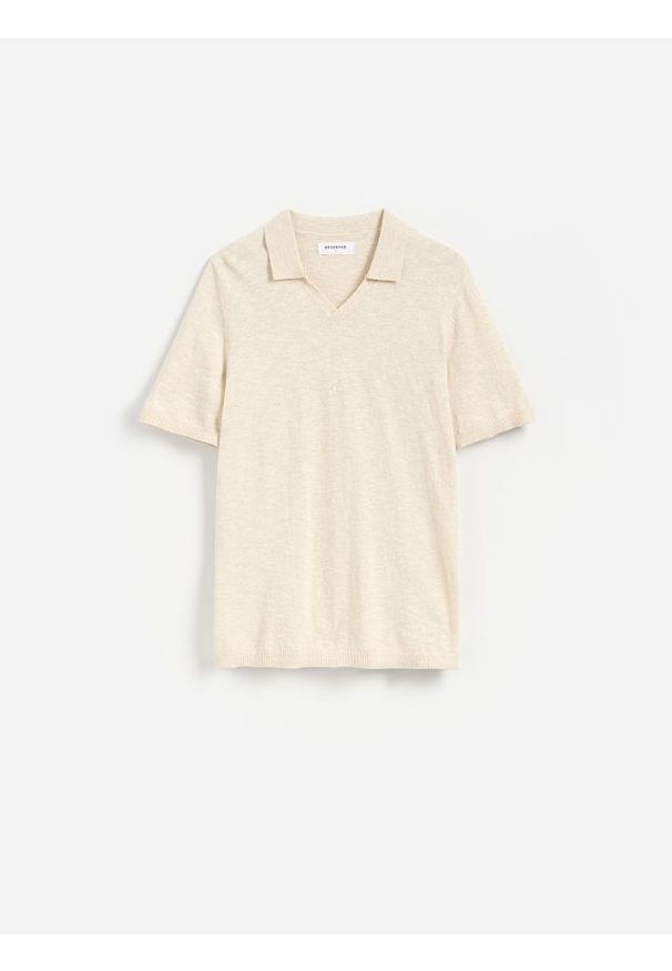 Reserved - Sweter polo z dodatkiem lnu - beżowy. Typ kołnierza: polo. Kolor: beżowy. Materiał: len