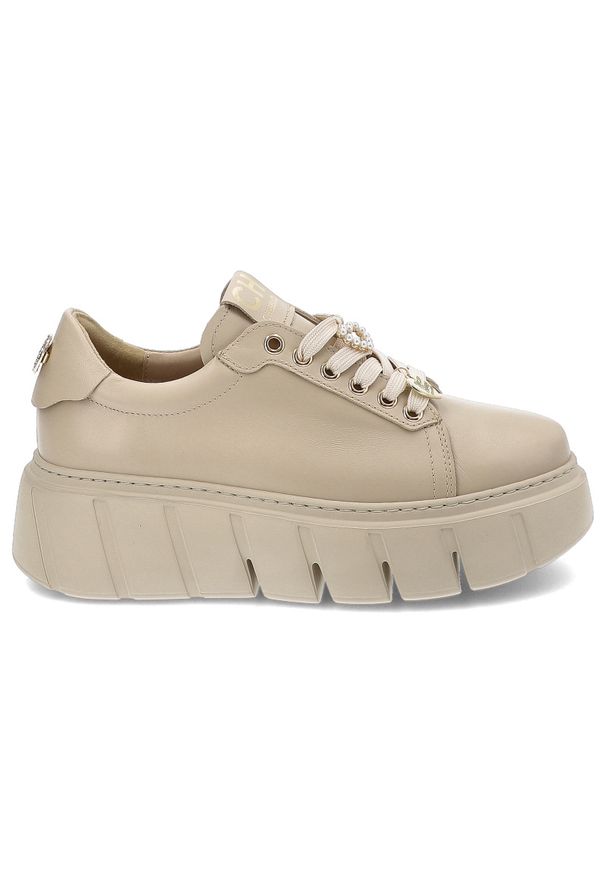 CheBello - Beżowe Sneakersy Chebello Wygodne Obuwie Damskie. Zapięcie: sznurówki. Kolor: beżowy. Materiał: materiał, skóra. Styl: elegancki