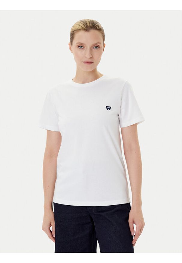Wrangler T-Shirt Sign Off 112373024 Biały Slim Fit. Kolor: biały. Materiał: bawełna