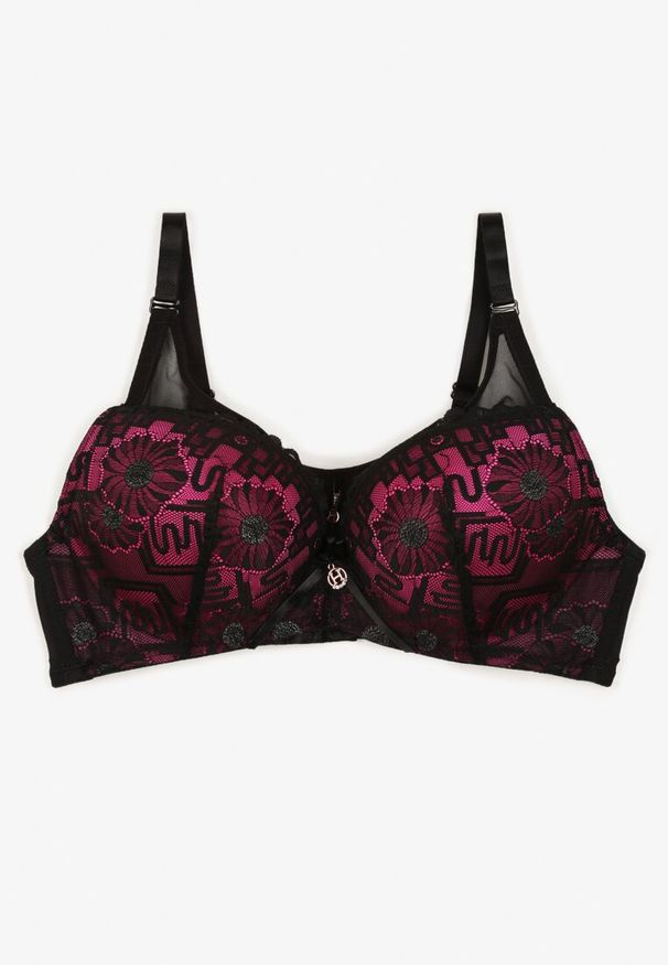 Born2be - Fuksjowy Biustonosz Typu Full Cup z Koronkowym Zdobieniem Ravisella. Kolor: różowy. Materiał: koronka. Wzór: aplikacja