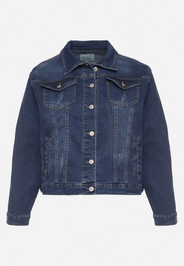 Born2be - Niebieska Jeansowa Kurtka z Bawełną Ozdobiona Przetarciami Ziarina. Okazja: na co dzień. Kolor: niebieski. Materiał: bawełna, jeans. Wzór: aplikacja. Styl: klasyczny, elegancki, casual