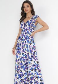 Born2be - Fioletowo-Niebieska Wiskozowa Sukienka Maxi z Kopertowym Dekoltem i Gumką w Talii Erian. Kolor: fioletowy. Materiał: wiskoza. Długość rękawa: bez rękawów. Wzór: kwiaty. Sezon: wiosna, lato. Typ sukienki: kopertowe. Długość: maxi #5