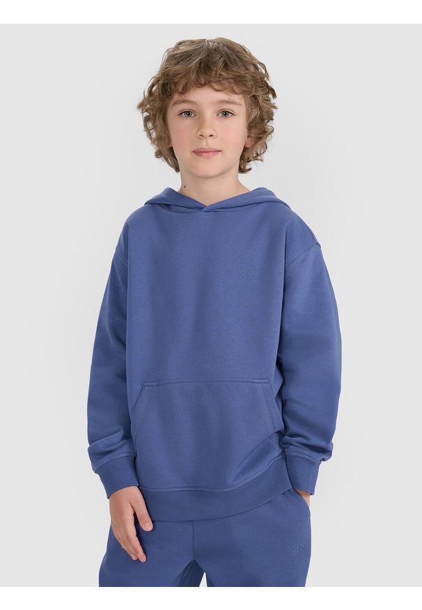 4f - 4F Bluza dresowa nierozpinana z kapturem chłopięca - niebieska 164 (13-14 lat). Okazja: na co dzień. Typ kołnierza: kaptur. Kolor: niebieski. Materiał: dresówka. Wzór: gładki, ze splotem. Sezon: lato. Styl: młodzieżowy, casual, sportowy