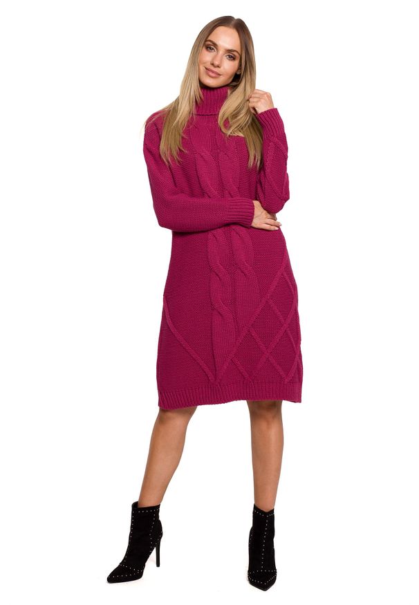 MOE - Swetrowa Sukienka z Golfem w Warkocze - Różowa. Typ kołnierza: golf. Kolor: różowy. Materiał: akryl, poliamid