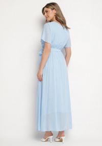 Born2be - Niebieska Brokatowa Sukienka Koktajlowa Ozdobiona Paskiem Ziliane. Okazja: na imprezę. Kolor: niebieski. Wzór: aplikacja. Styl: wizytowy #5