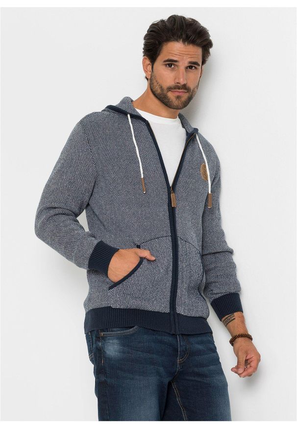 bonprix - Kardigan z kapturem, z czystej bawełny. Typ kołnierza: kaptur. Kolor: niebieski. Materiał: bawełna, materiał. Wzór: aplikacja